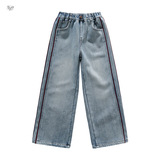 女童加绒牛仔裤冬季新款2025大女孩洋气炸街竖条直筒一体绒阔腿裤，童装裤子，祺儿童装