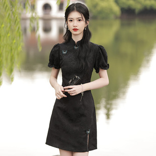 黑色国风新中式短款旗袍改良年轻款少女级感复古小个子可穿夏季