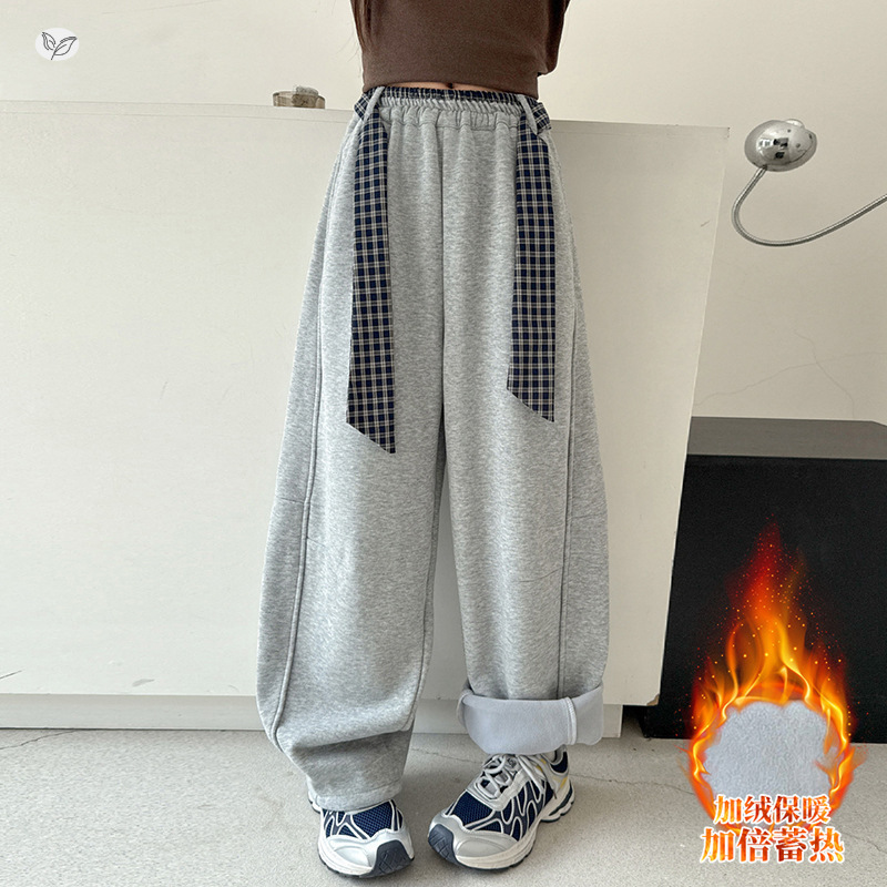 女童2025年冬季新款个性拼接格子休闲裤女大童冬季加绒加厚阔腿裤，童装裤子，祺儿童装