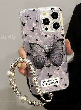 Purple butterfly bow bracelet chain case适用iphone 11 12 13 14 15 16 plus 17 pro max