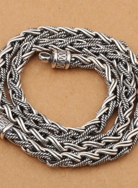 小众银饰男生S925纯银项链清迈手工扭绳复古泰银项链粗银链饰品