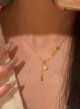 金店同款沙金三铜钱碎冰有钱花项链爆闪级感小众百搭日常锁骨链