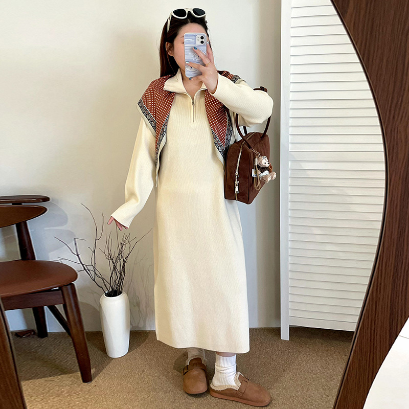 乃粒大码女装半领拉链毛衣裙连衣裙2025冬款胖mm休闲针织裙23265