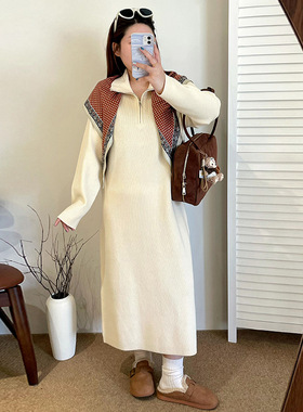 乃粒大码女装半领拉链毛衣裙连衣裙2025冬款胖mm休闲针织裙23265