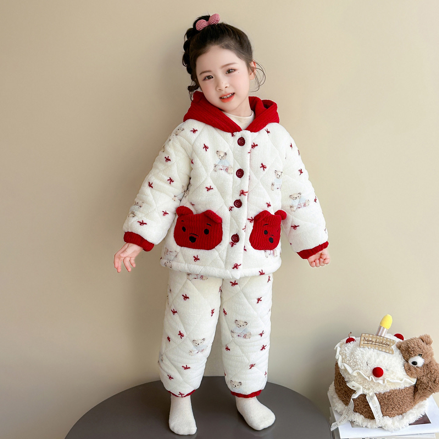 儿童珊瑚绒睡衣冬季新款女童三层夹棉套装加厚棉衣连帽家居服P112，童装家居服（睡衣），祺妙童装