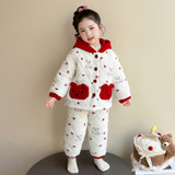 儿童珊瑚绒睡衣冬季新款女童三层夹棉套装加厚棉衣连帽家居服P112，童装家居服（睡衣），祺妙童装