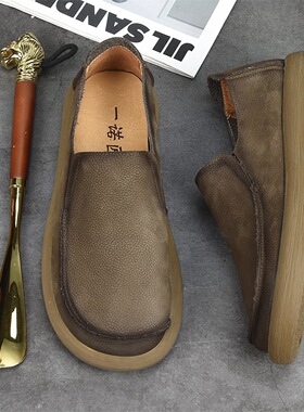 宽头鞋复古真皮休闲皮鞋鞋一脚蹬大头鞋软皮软底豆豆鞋驾车