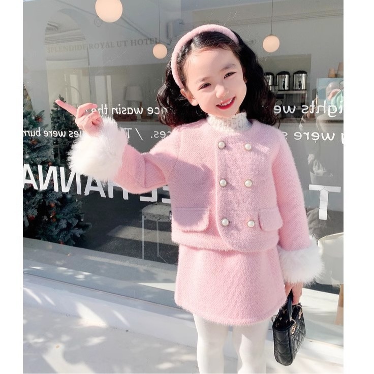 新年女童套装夹棉加厚小香风毛绒绒外套加包臀裙2025冬装新款外贸