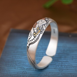 足银手镯复古做旧工艺开口设计鎏金浮雕大象吉象女款国风银饰礼物