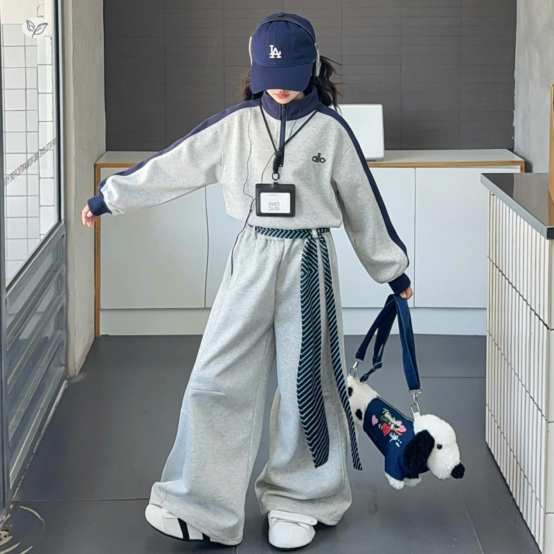 女童2025年秋季新款韩版卫衣套装中大童春秋织带卫裤阔腿裤两件套，童装休闲套装，祺儿童装