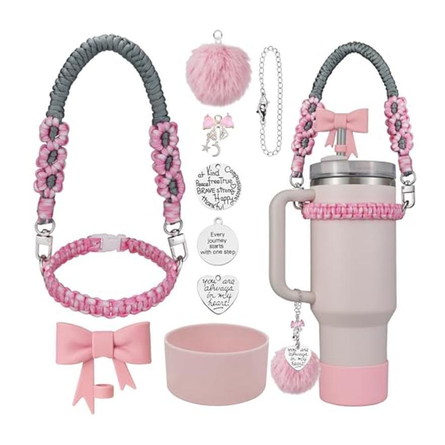 亚马逊stanley配件适用40oz编织手提绳蝴蝶结吸管帽杯套毛球挂件