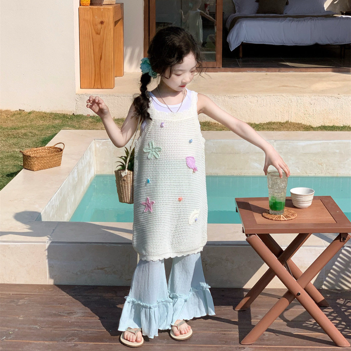 2026夏季新款女童洋气镂空针织背心裙吊带背心轻薄喇叭裤子上衣韩