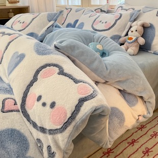 雪花绒四件套冬季 保暖珊瑚绒可爱卡通风双面绒3D立体牛奶绒四件套