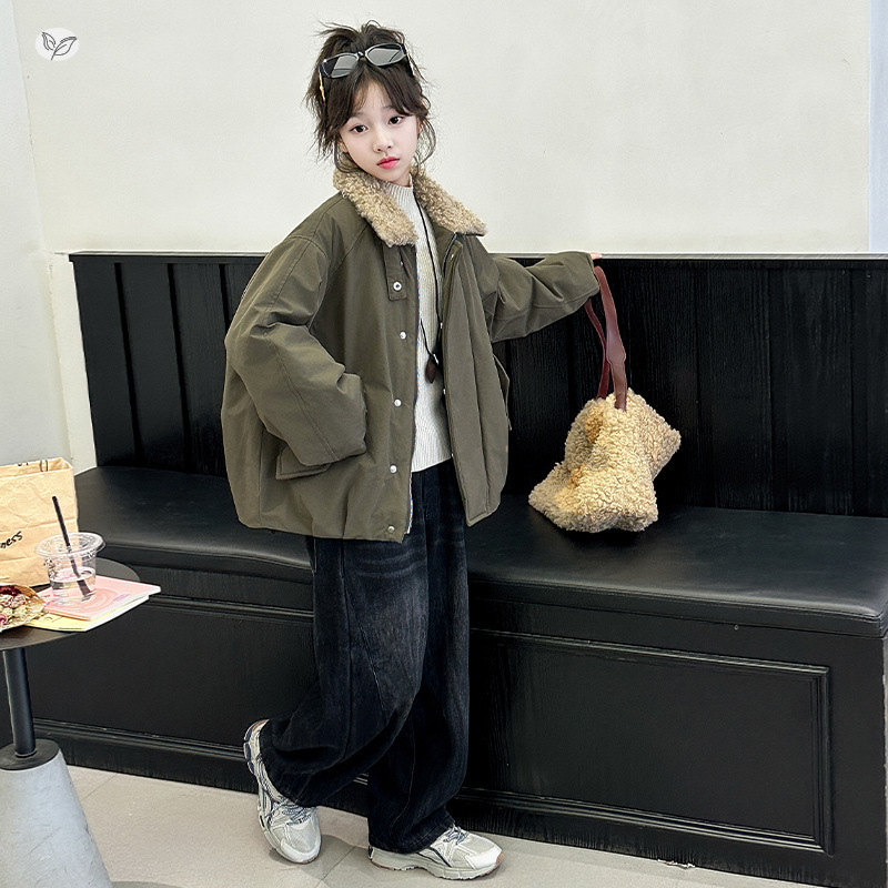 女童2025年冬季新款毛毛领军绿色棉衣女大童户外加绒加厚棉外套潮，童装棉衣，祺儿童装
