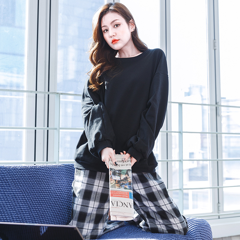 春秋纯棉睡衣女长袖格子家居服套装简约外穿长衣长裤宽松显瘦2025