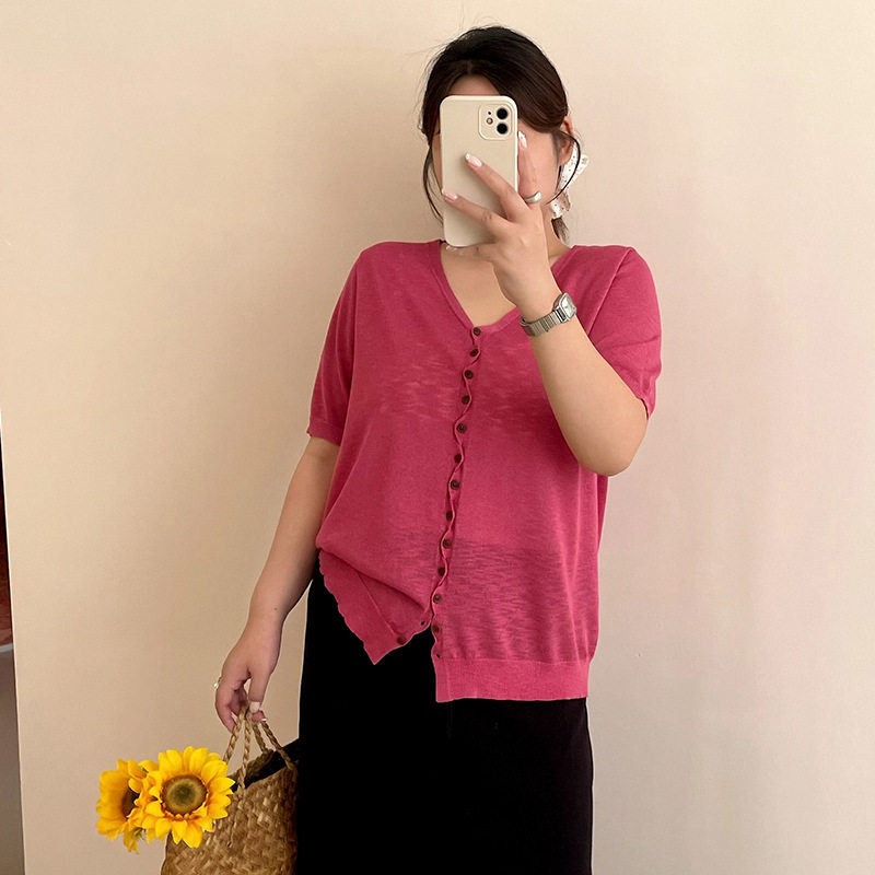 大码女装气质v领薄款宽松针织衫女外套2026夏款胖mm百搭休闲开衫