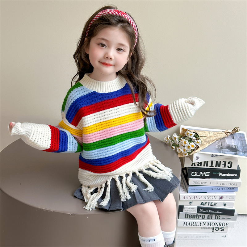 女童加厚毛衣儿童针织衫女童洋气彩虹流苏针织衫2025冬装新款时髦，童装毛衣，祺妙童装