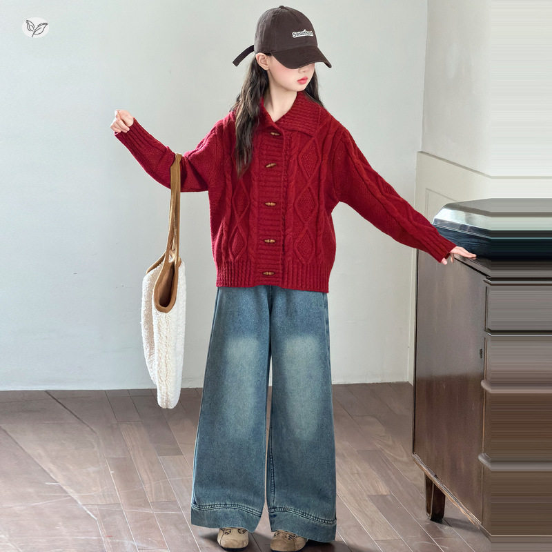 女童2025年秋冬新款韩系牛角扣亮丝毛衣套装女大童加厚款翻领开衫，童装毛衣，祺儿童装