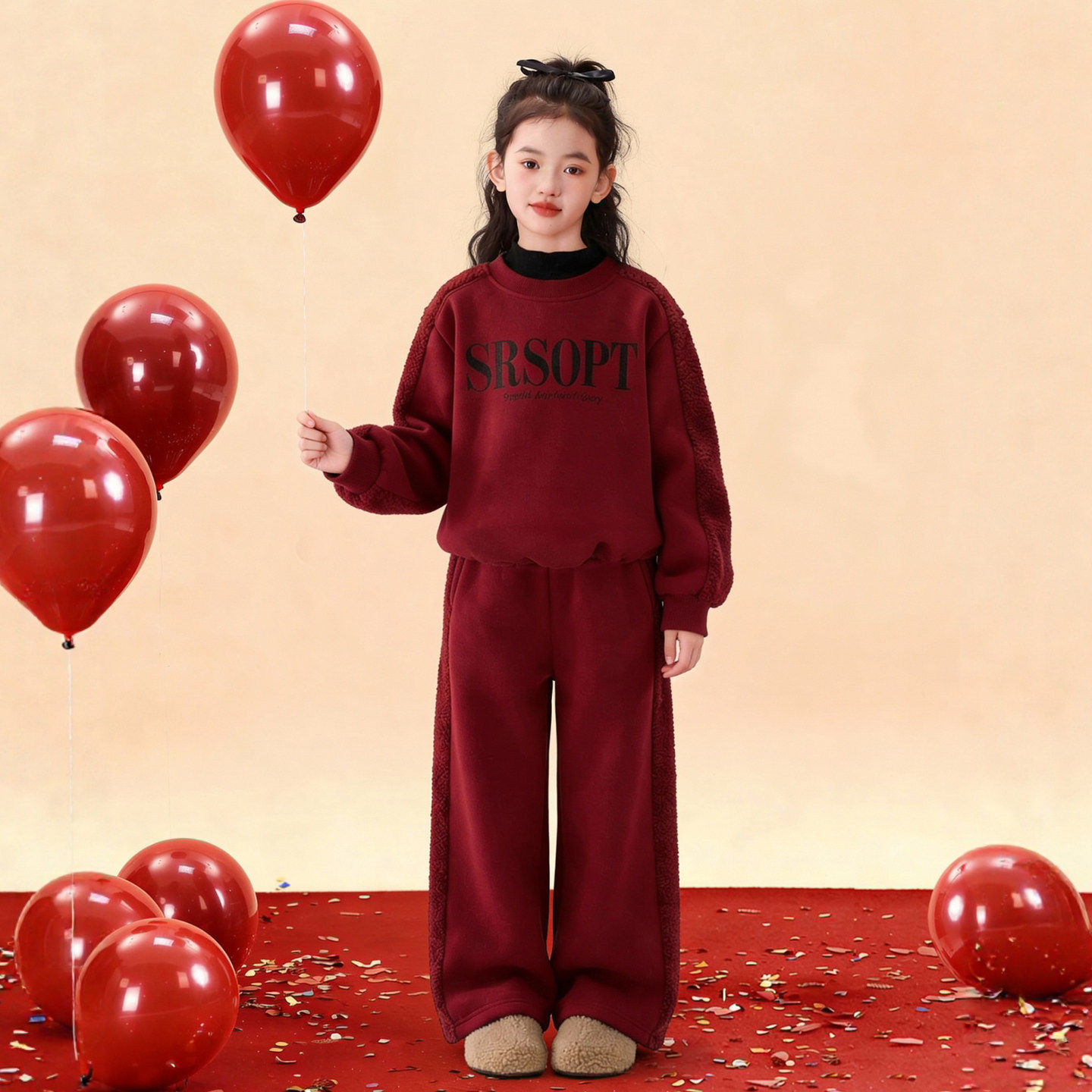 女童红色系穿搭一整套2026新款女大童冬装加绒卫衣儿童本命年套装