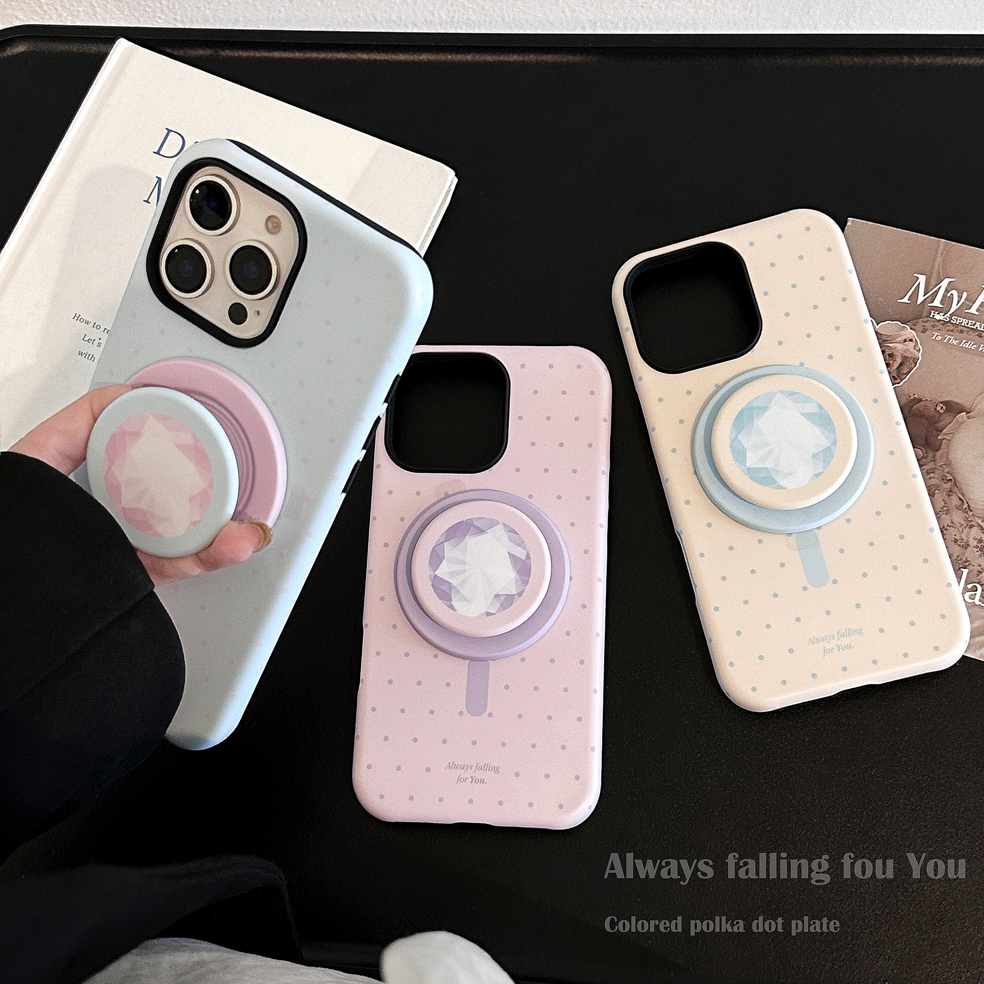 钻石磁吸支架iPhone16promax苹果手机壳14适用13菲林15彩色波点11