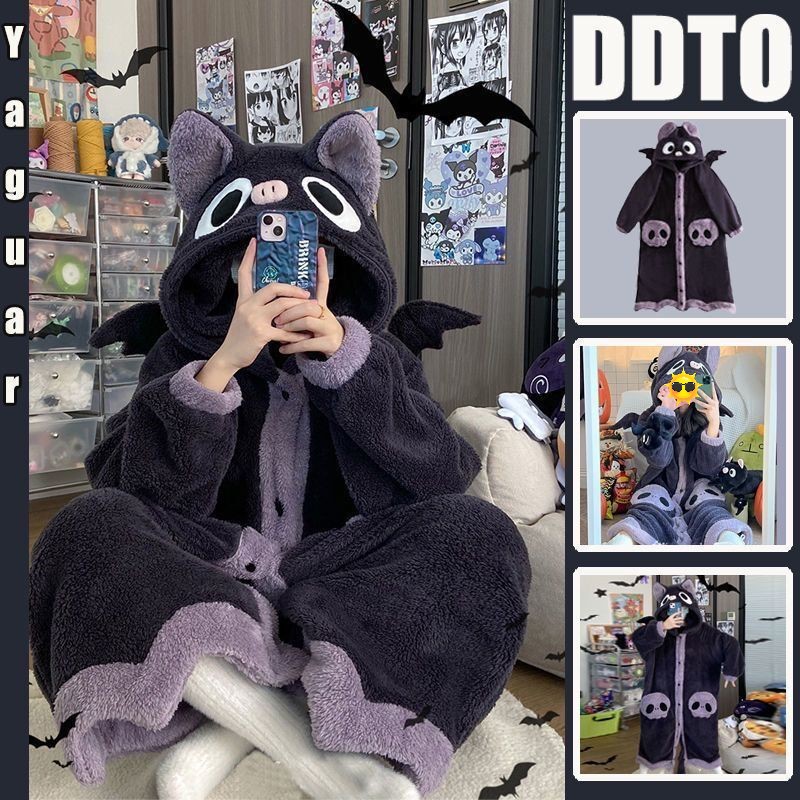 少女卡通蝙蝠珊瑚绒睡衣女冬季2026年新款加厚毛绒睡袍家居服睡裙