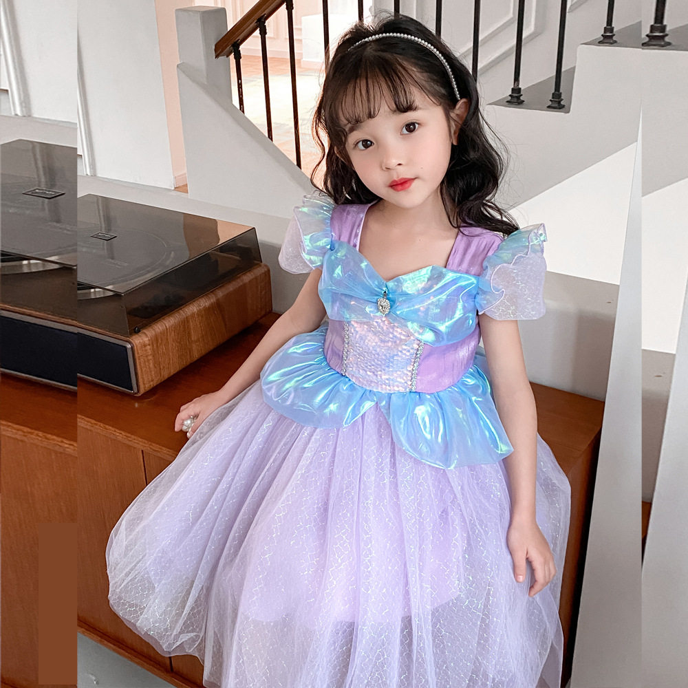 女童夏美人鱼网纱亮片公主裙泡泡短袖彩色拼接蓬蓬六一儿童连衣裙