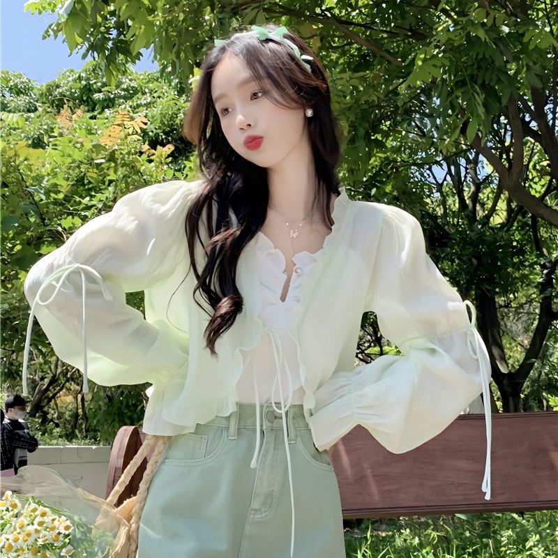 甜美花边短款衬衫女夏季2025新款设计感系带很仙的薄款长袖防晒衫