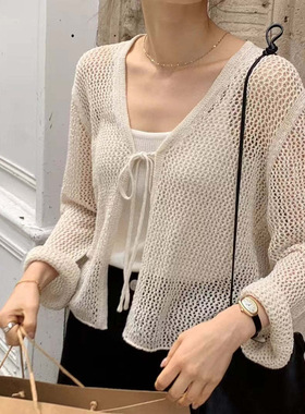25夏季新款韩国东大门OU_CE纯色显瘦V领系带镂空针织开衫薄款上衣