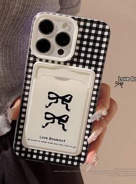 plaid black bow card holder Case适用iphone 11 12 13 14 15 16 17 pro max XR XS MAX 7 8 PLUS