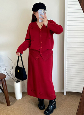 乃粒23510大码女装气质蝴蝶结开衫半裙两件套2025冬胖mm针织套装