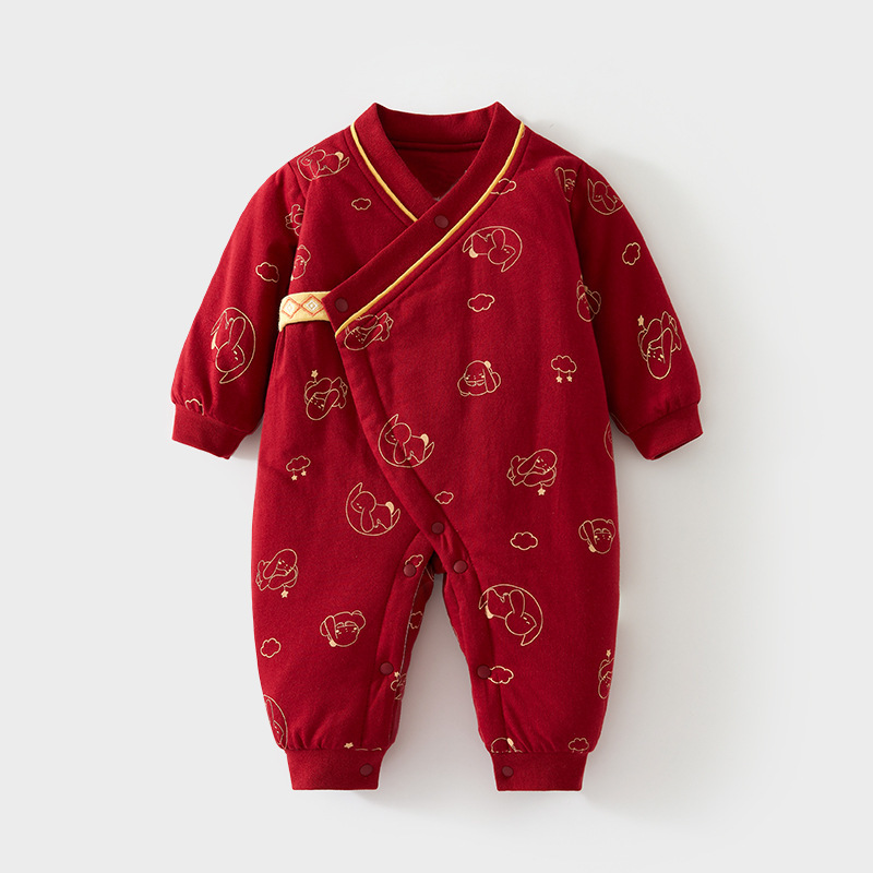 新生儿夹棉红色连体衣婴儿哈衣加棉喜庆初生儿和尚服60克衣服