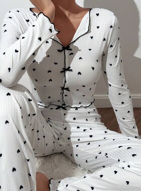women Homewear V-neck Pajama Pants Set 家居服睡衣长裤套装女