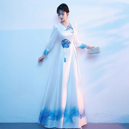 大合唱演出服2025新款中国风合唱团演出礼仪礼服裙女夏舞台晚礼服