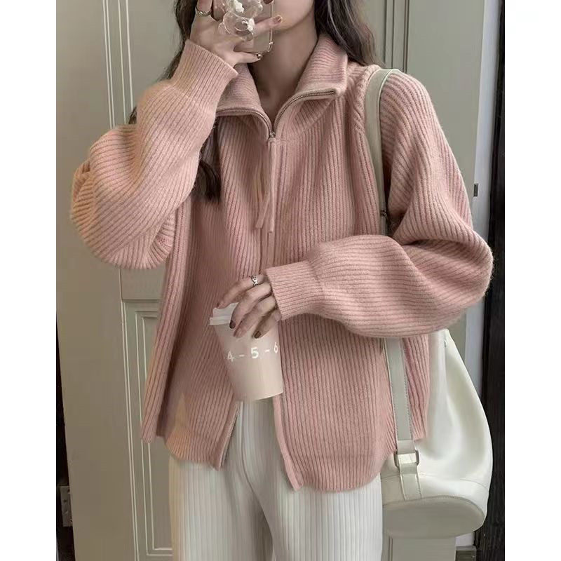 女式显瘦短袖秋冬新款时尚宽松针织开衫女软糯设计感拉链毛衣