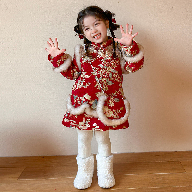拜年服女童汉服冬款儿童旗袍风棉服喜庆过年衣服中式演出服P90，童装连衣裙，祺妙童装