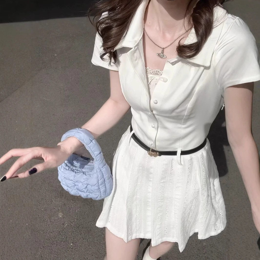 法式学院风白色衬衫连衣裙女夏日绝美小白裙收腰公主百褶短裙子