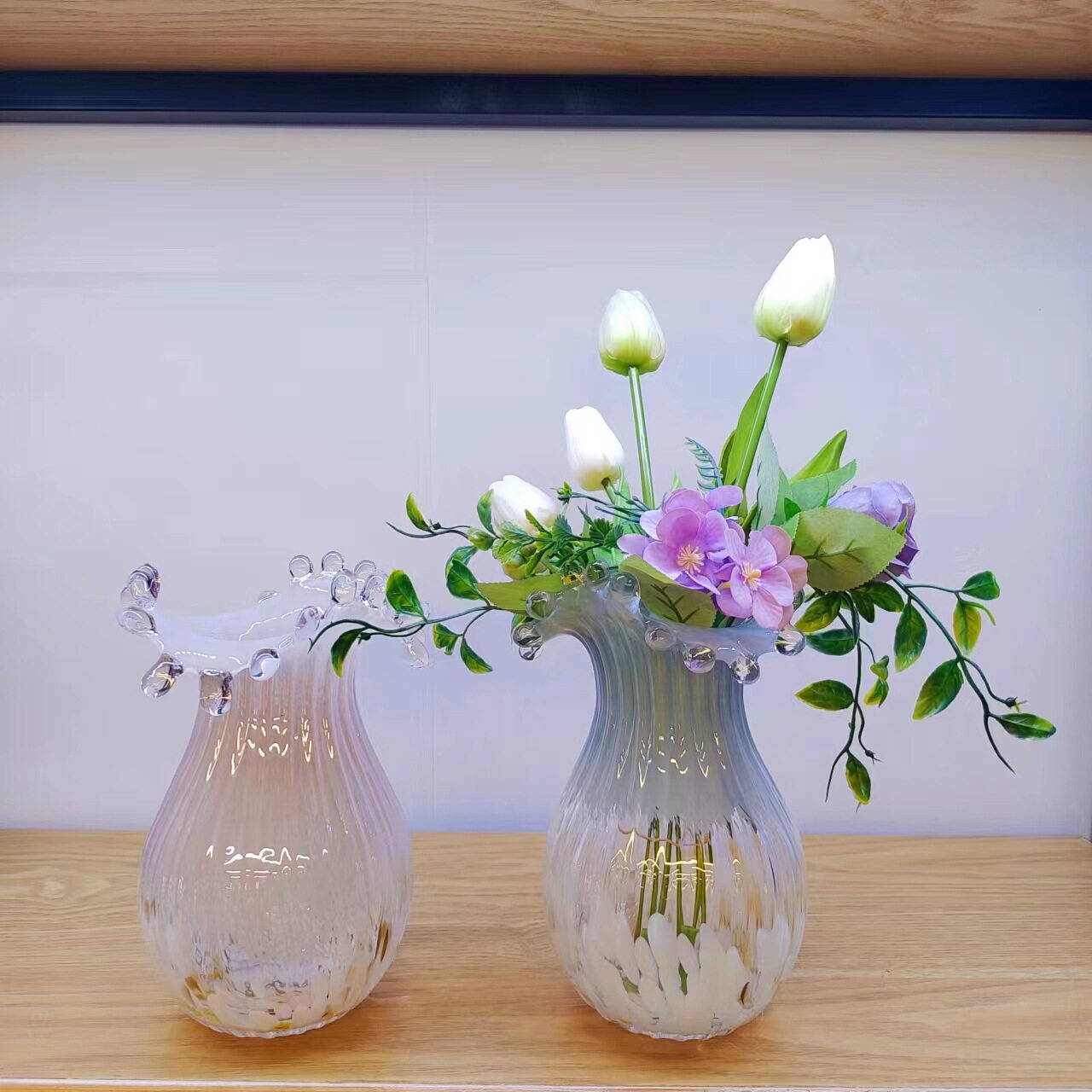 欧式复古水滴口玻璃芬顿花手工吹制彩色玻璃花桌面插花容器