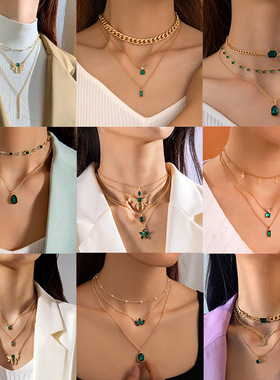 跨境仿祖母绿石气质百搭多层蝴蝶结项链 轻奢镶钻爱心花朵颈链