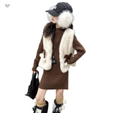 女童2025年冬季新款小香风蝴蝶结毛毛球皮草马甲毛线裙女大童套装，童装休闲套装，祺儿童装