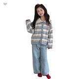 女童家居服套装2025年秋冬新款中大童条纹上衣阔腿裤半边绒两件套，童装家居服（睡衣），祺儿童装