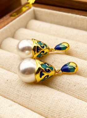 原创青岛饰品古风耳环珍珠耳坠级感925银针蓝色滴油新中式耳饰