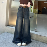 女童牛仔喇叭裤2025新款春秋荷叶边脚口阔腿裤中大童洋气拖地裤潮，童装裤子，祺儿童装