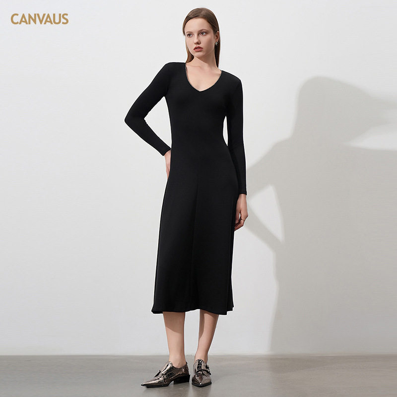 CANVAUS女装中腰长袖修身连衣裙女秋新款V领钻石链收腰大摆中长裙