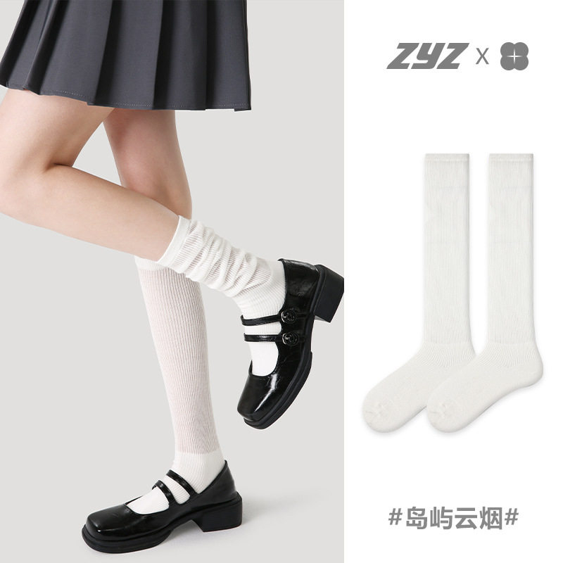 R8636原创女袜24春夏季竖条纹学院风袜子女透气纯白精梳棉小腿袜