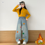 女童刺绣牛仔裤秋冬加绒2025年新款中大童拼接弯刀裤休闲阔腿长裤，童装裤子，祺儿童装