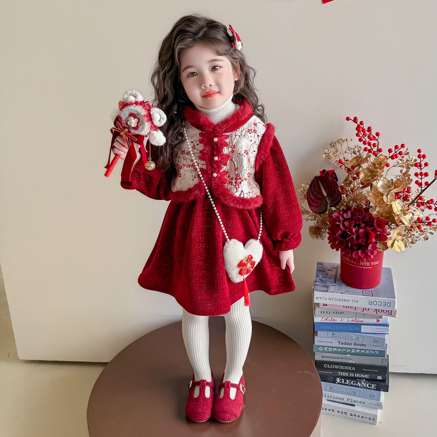 女童秋冬季年服连衣裙中小童加绒加厚风过年服儿童元旦表演服，童装连衣裙，祺妙童装