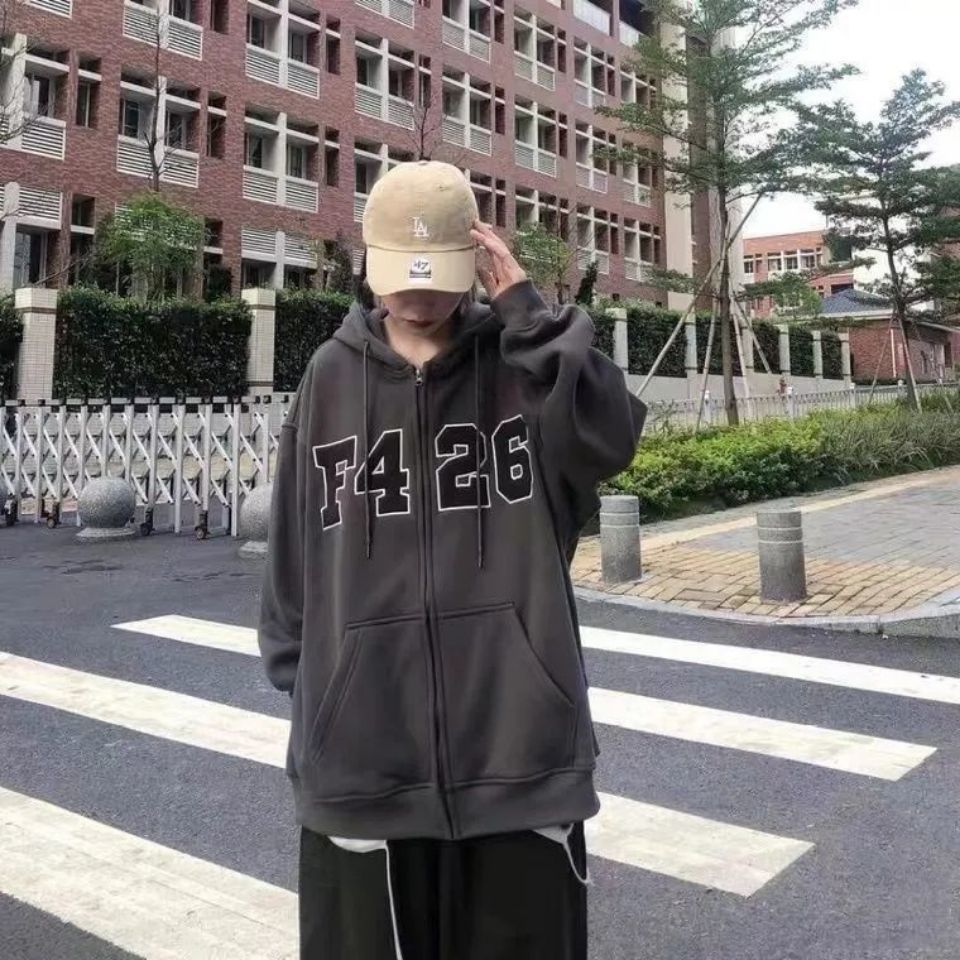 F426国潮牌春季情侣款卫衣嘻哈拉链大LOGO开衫卫衣宽松休闲外套女