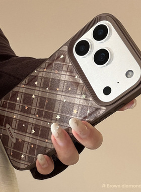 AceCase暖棕菱格星星iPhone16promax苹果17适用15手机壳14皮质13复古12小众11防摔