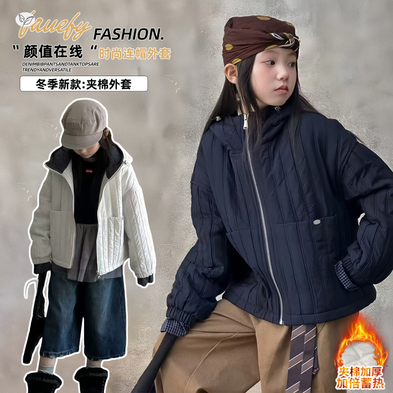女童夹棉加厚棉服2025冬季新款中大童纯色连帽棉衣保暖夹克衫外套，童装棉衣，祺儿童装
