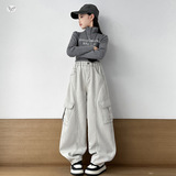 女童工装裤加绒加厚2025年秋冬新款大口袋休闲阔腿裤中大童弯刀裤，童装裤子，祺儿童装